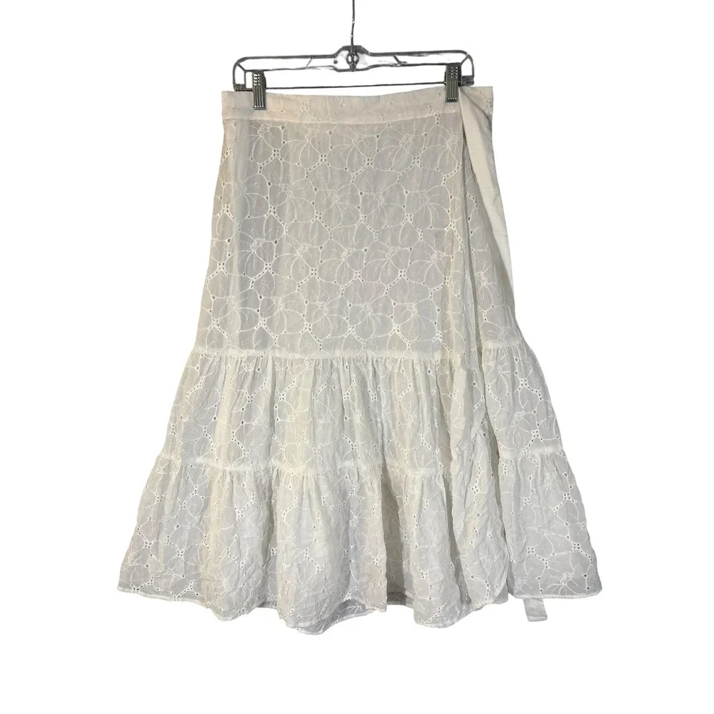 Vintage‎ White Eyelet Lace Wrap Midi Skirt Cottagecore Feminine Country Prairie